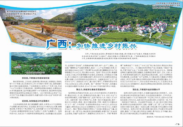 廣西：加快推進(jìn)鄉(xiāng)村振興??今年，廣西壯族自治區(qū)深入貫徹落實(shí)鄉(xiāng)村振興戰(zhàn)略，將鄉(xiāng)村振興與產(chǎn)業(yè)振興、科教振興共同作為自治區(qū)未來(lái)五年的“三大振興”，并把鄉(xiāng)村振興工作擺在重中之重。廣西積極推進(jìn)全區(qū)鄉(xiāng)村振興工作，全面推動(dòng)鞏固拓展脫貧攻堅(jiān)成果同鄉(xiāng)村振興有效銜接開好局、起好步。??做好領(lǐng)導(dǎo)體制、工作體系、政策舉措、幫扶機(jī)制、發(fā)展規(guī)劃、考核機(jī)制“六大”銜接，成立黨委農(nóng)村工作（鄉(xiāng)村振興）領(lǐng)導(dǎo)小組，創(chuàng)新組建實(shí)施鄉(xiāng)村振興戰(zhàn)略指揮部，下設(shè)指揮部辦公室和13個(gè)專責(zé)小組，形成“1+13”鄉(xiāng)村振興工作推進(jìn)機(jī)制。保持幫扶政策總體穩(wěn)定，完善和出臺(tái)60多項(xiàng)配套政策，逐步構(gòu)建過(guò)渡期“1+N”政策體系，推動(dòng)轉(zhuǎn)向鞏固拓展脫貧攻堅(jiān)成果和全面推進(jìn)鄉(xiāng)村振興。1.85萬(wàn)家民營(yíng)企業(yè)參加“萬(wàn)企興萬(wàn)村”行動(dòng)，數(shù)量位居全國(guó)前列，構(gòu)建“政府+市場(chǎng)+社會(huì)”共同參與的大幫扶格局。【詳細(xì)】