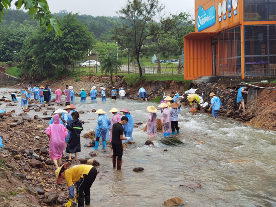 6月13日，網(wǎng)格員協(xié)助西山泉房車露營基地的對河道及餐廳地基進(jìn)行加固。