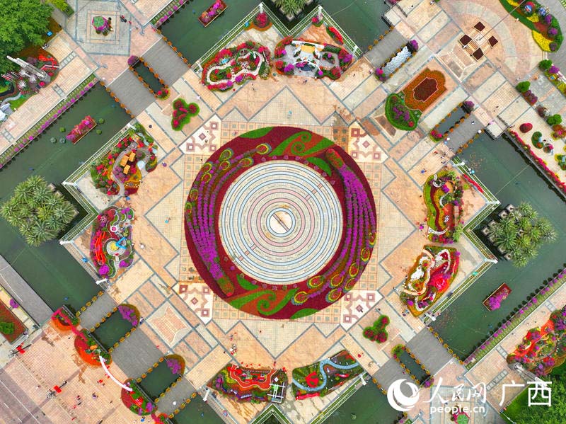 廣場中央10萬盆鮮花組成的“孔雀”造型。人民網(wǎng) 付華周攝