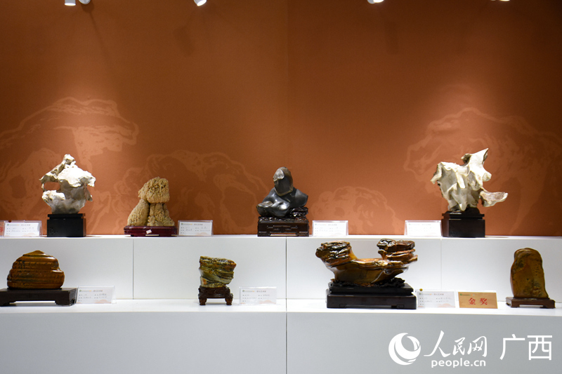 奇石展上，形態(tài)各異的奇石。人民網(wǎng) 王功孝攝