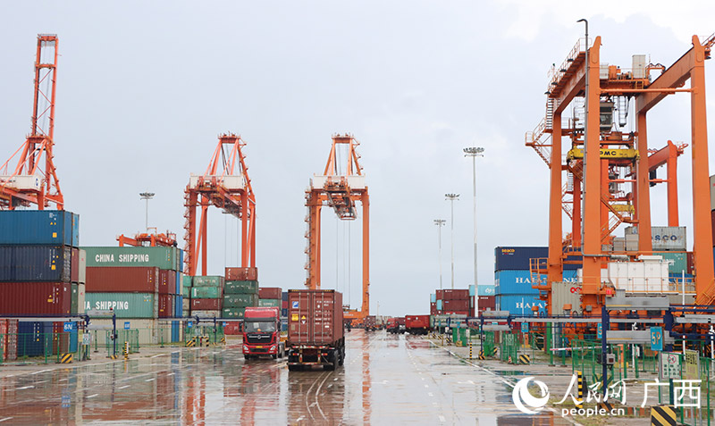 集裝箱運(yùn)輸車北部灣港欽州港區(qū)穿梭。人民網(wǎng)記者 彭遠(yuǎn)賀攝