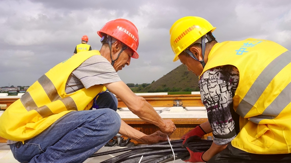 施工人員對通信光電纜進行整理綁扎。安智翔攝