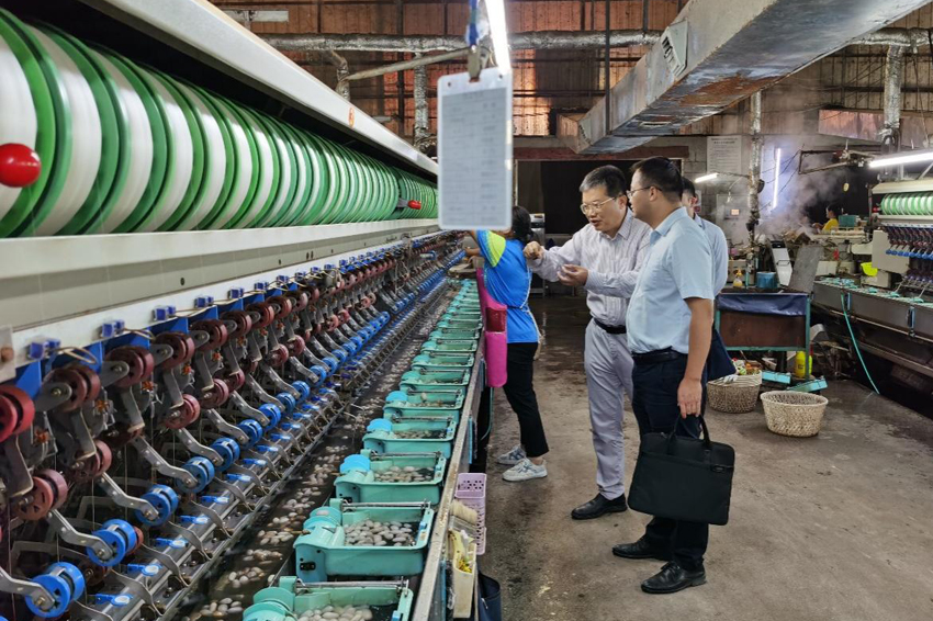 建行宜州支行負(fù)責(zé)人在繭絲企業(yè)調(diào)研。建行宜州支行供圖