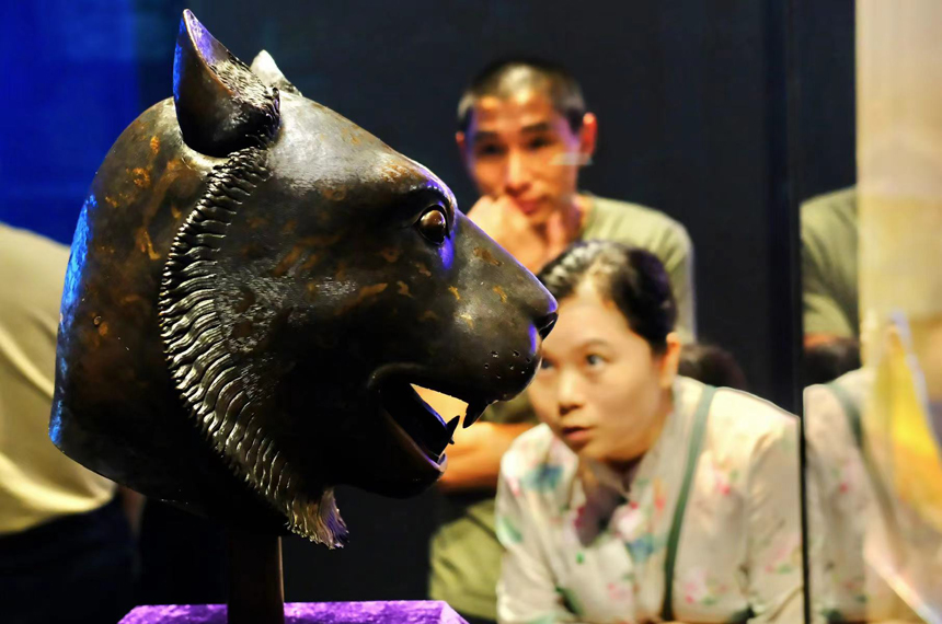 展出的圓明園虎首銅像。宋延康攝