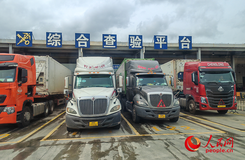 冷鏈貨車在東興口岸北侖河二橋進(jìn)境水果查驗(yàn)場地接受查驗(yàn)。人民網(wǎng)記者 劉云攝