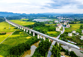動車組列車行駛在梧州大地上，構(gòu)成一幅美麗的鄉(xiāng)村畫卷。