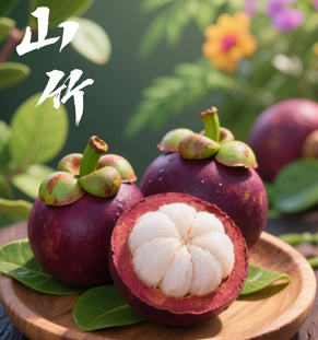 山竹山竹被稱為“水果皇后”，果實呈圓形，外皮深紫至黑色，質(zhì)地較厚且硬，剝開后可見雪白晶瑩的果肉，呈瓣狀排列，口感清甜多汁、柔滑爽口。山竹富含維生素C、膳食纖維及多種礦物質(zhì)，營養(yǎng)豐富且性涼，是夏季清熱解燥的佳品。