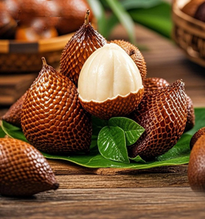 蛇皮果蛇皮果，最顯著的特征是紅褐色鱗片狀果皮，形似蛇鱗而得名，主產(chǎn)區(qū)集中在印度尼西亞和泰國。果肉呈乳白色或淡黃色，質(zhì)地脆嫩多汁，口感酸甜交織，帶有類似菠蘿和荔枝的馥郁香氣。蛇皮果富含鉀、鐵等礦物質(zhì)及維生素，具有“記憶之果”的美譽(yù)。