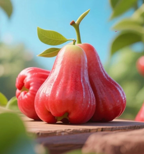 蓮霧蓮霧，果實呈鐘形或梨形，表皮光滑如蠟質(zhì)，顏色多樣，常見粉紅、深紅或青綠色，果肉呈海綿狀，口感清脆多汁、清甜微酸，帶有淡淡的蘋果香氣，水分含量極高，是夏季解渴消暑的佳品。獨特的鈴鐺造型和清新口感，使其成為東盟水果中兼具觀賞與食用價值的產(chǎn)品。