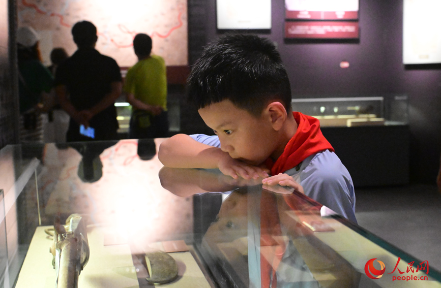 小朋友黎泗辰認(rèn)真看展。人民網(wǎng) 雷琦竣攝