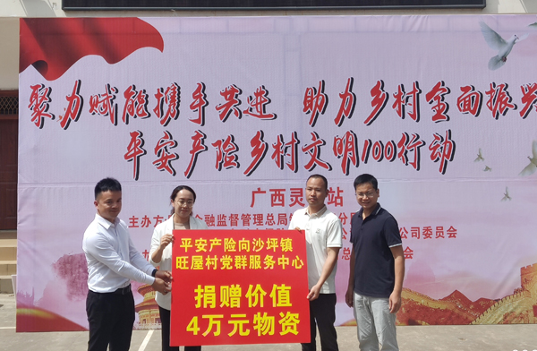 平安產險廣西分公司向靈山縣沙坪鎮(zhèn)旺屋村黨群服務中心捐贈價值4萬元的幫扶物資。平安產險廣西分公司供圖
