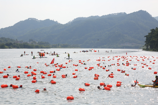泳友在平樂美麗的山水間暢游漓江“最后一公里”。張曉攝