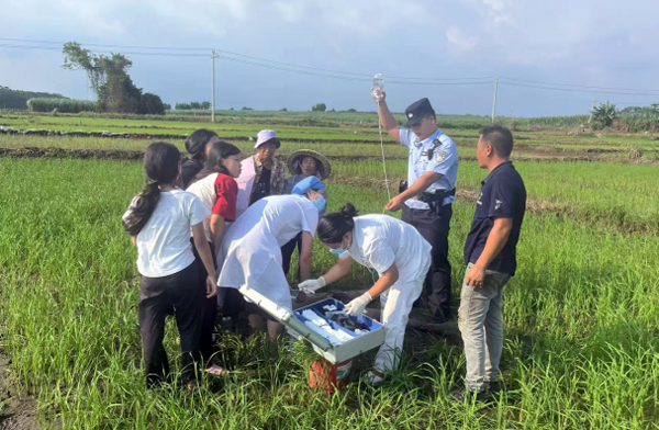 民警協(xié)助醫(yī)護(hù)人員對(duì)中暑男子開展救治