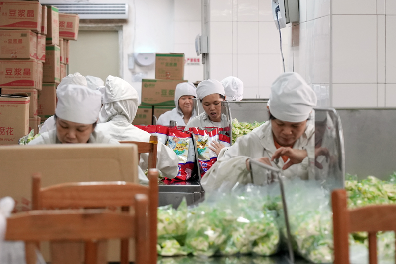 工作人員在各工位間高效協(xié)作、配合默契地打包產(chǎn)品。