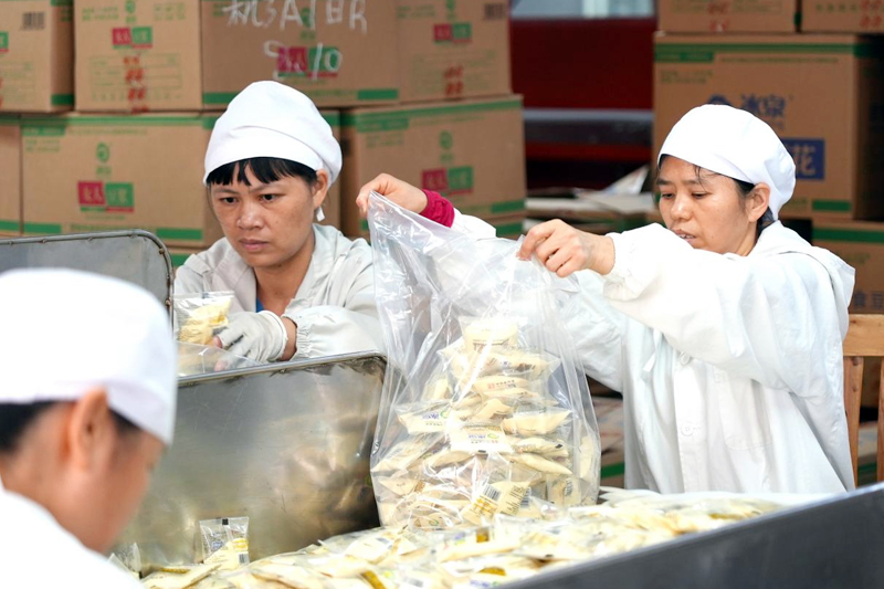 工作人員在生產(chǎn)線上熟練地打包產(chǎn)品。