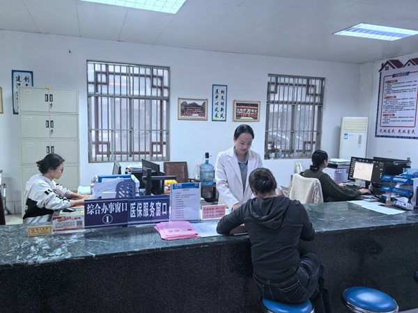 鄉(xiāng)鎮(zhèn)醫(yī)療保障工作站工作人員向來(lái)訪群眾講解醫(yī)保政策