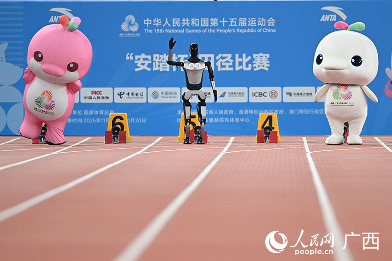 十五運(yùn)吉祥物“喜洋洋”“樂融融”與優(yōu)必選人形機(jī)器人Walker S2進(jìn)行百米賽跑。人民網(wǎng) 雷琦竣攝