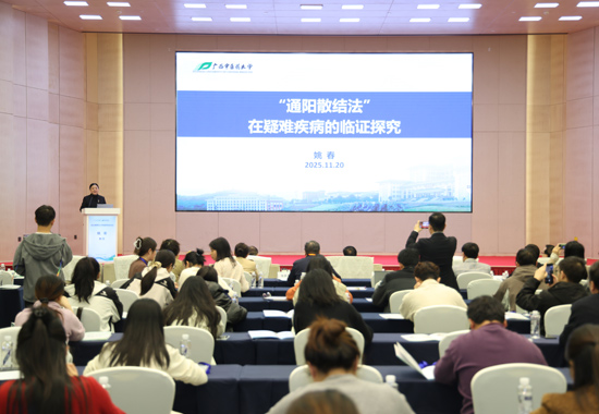 廣西中醫(yī)藥大學(xué)黨委副書記、校長(zhǎng)姚春教授作學(xué)術(shù)報(bào)告。廣西中醫(yī)藥大學(xué)供圖